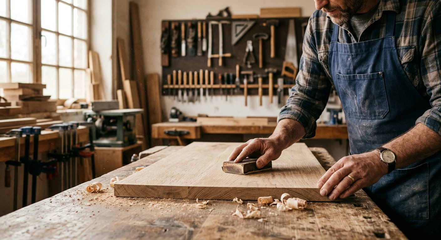Artisan Woodelix ponçant un panneau de chêne massif dans l'atelier
