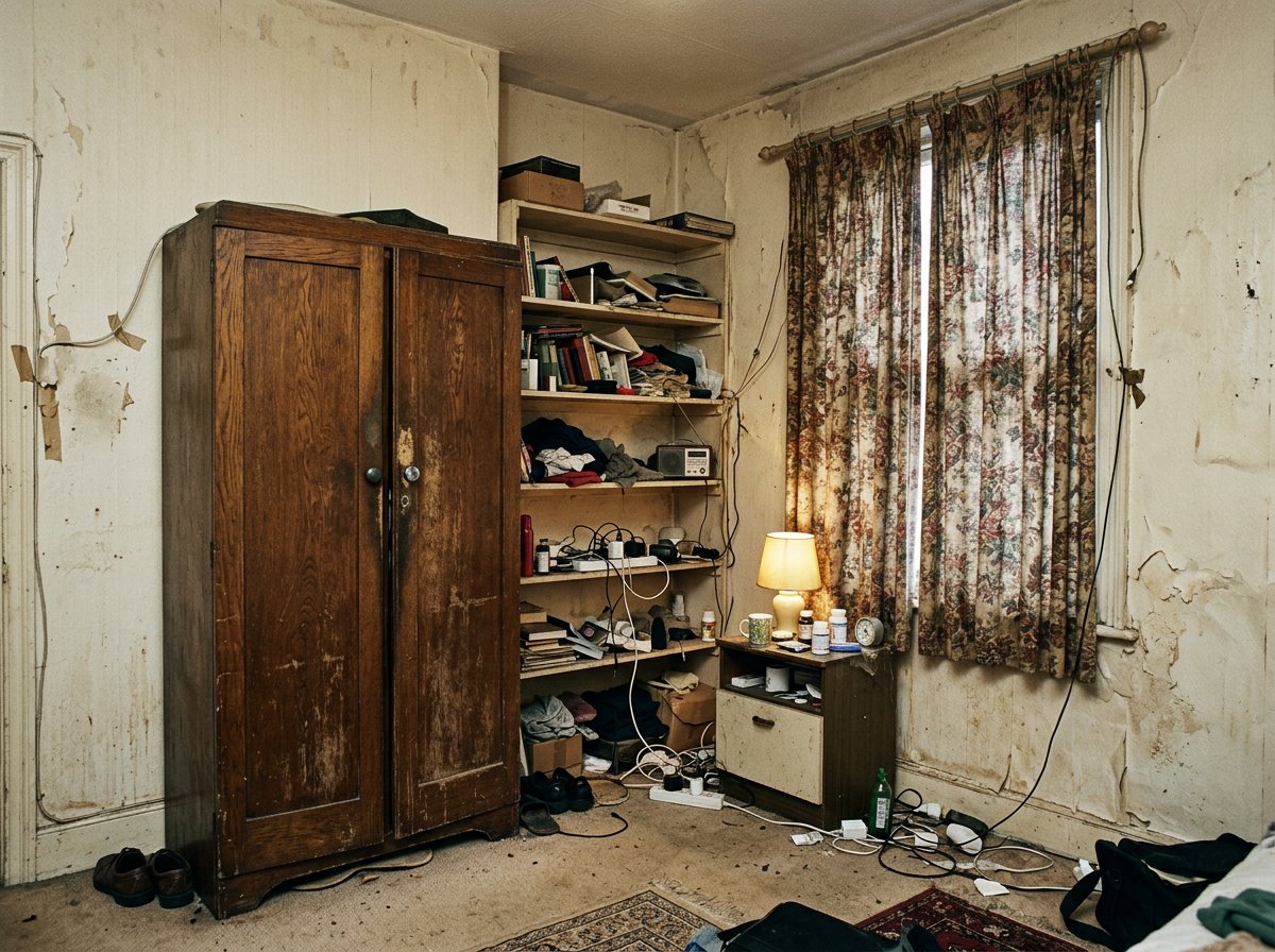 Avant : chambre avec vieille armoire et murs abîmés